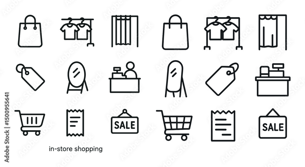 Fototapeta premium In-store shopping line icons set – flat, outline, retail and commerce symbols