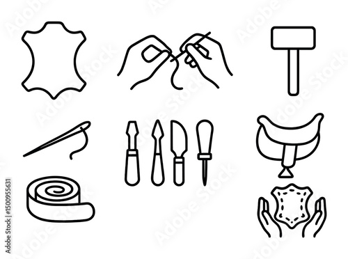 Leather crafting tools and techniques icon set for design projects