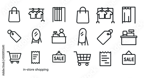 In-store shopping line icons set – flat, outline, retail and commerce symbols