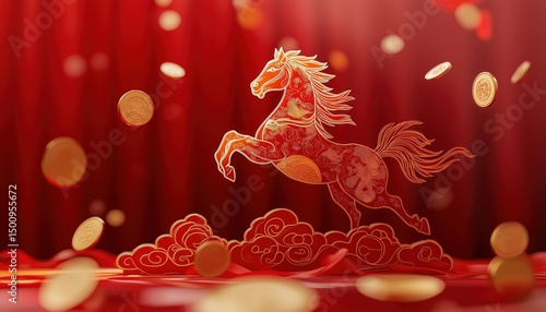 Festive Chinese New Year 2026 Horse with Falling Gold Coins on Red Background