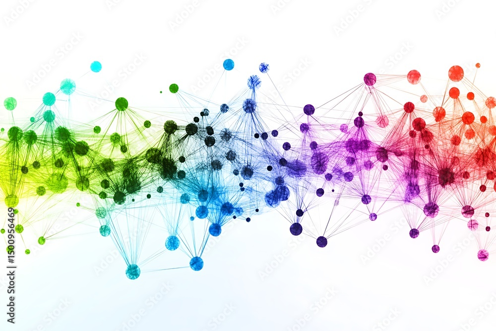 Obraz premium A vibrant network of colorful dots and lines representing connections and data exchange in a digital landscape viewed from a modern perspective