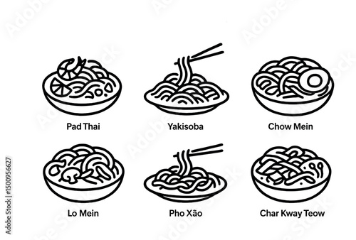 Iconic noodle dishes from around the world in simple line art design