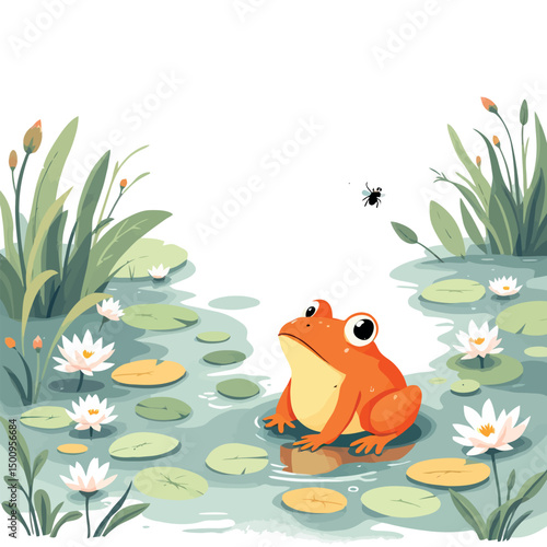 Vsai orange frog sitting on rock in pond looking at fly