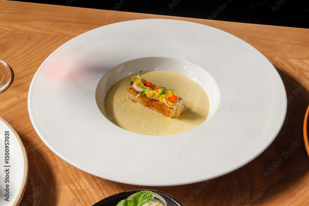 Fine Dining Cream Soup with Gourmet Garnish on White Plate Fine Dining Cream Soup with Gourmet Garnish on White Plate