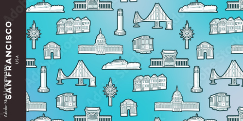 Pattern of San Francisco on a blue background that highlights symbols of the city: Golden Gate, United States Penitentiary, Alcatraz Island, Palace of Fine Arts, Painted Ladies, Coit Tower