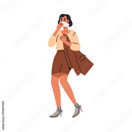 Woman in emergency, holding tissue, covering, mouth and nose with protection ...