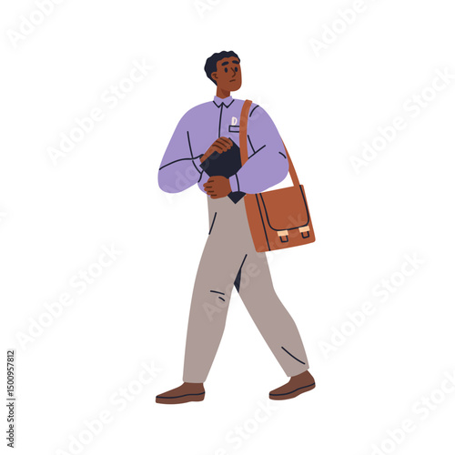 Sad man employee leaving work. Unhappy upset fired office worker quitting, walking away, looking back with stressed expression after resignation. Flat vector illustration isolated on white background
