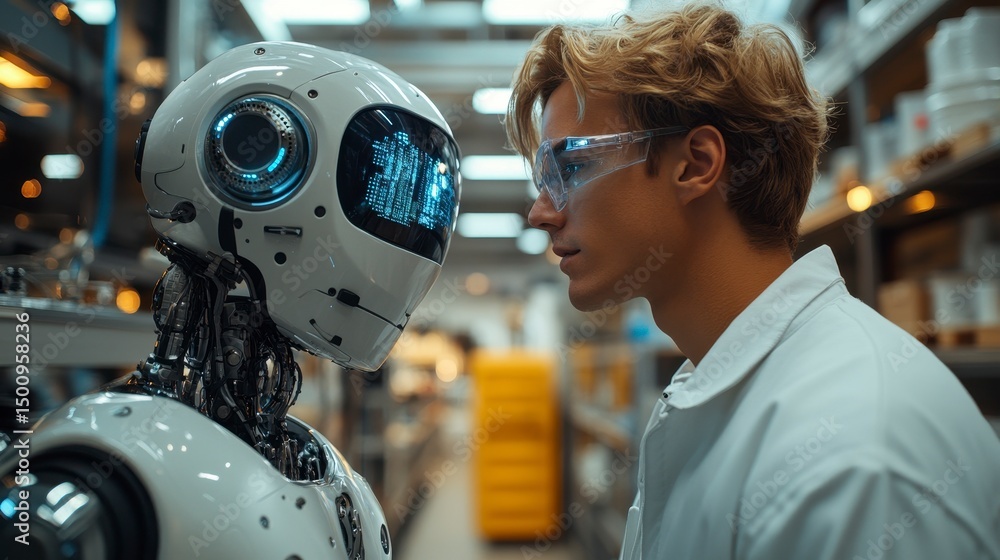 Fototapeta premium Robot & human face each other