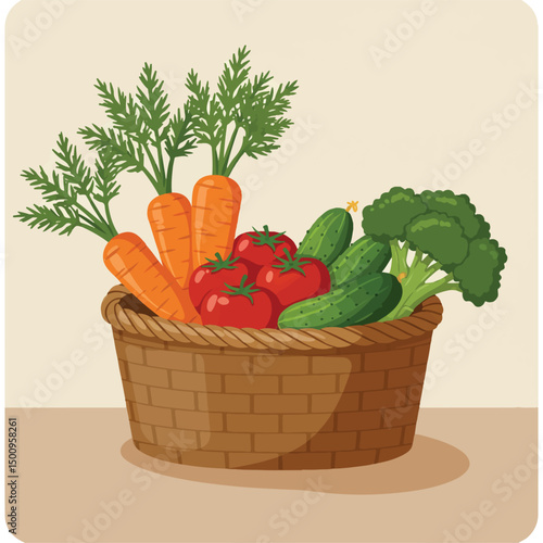 A charming vector illustration features a wicker basket overflowing with a colorful bounty of fresh produce, including carrots, tomatoes, cucumbers, and broccoli.