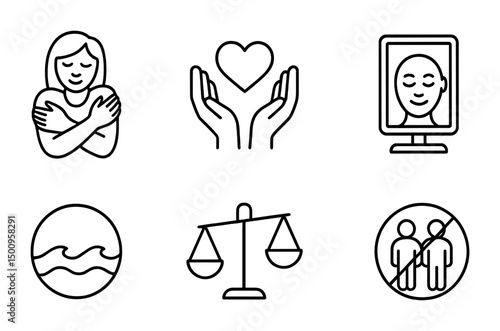 Wellness and balance icon set focusing on self care and equality themes