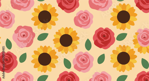 This is a colorful, repeating pattern on a light yellow background of cartoon sunflowers, pink roses, and red roses, interspersed with small green leaves.