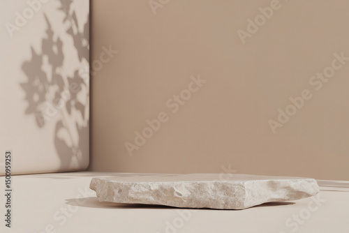 Minimalist scene with wooden circular platform, glass cylinder, stone, and dried flowers in soft natural light

