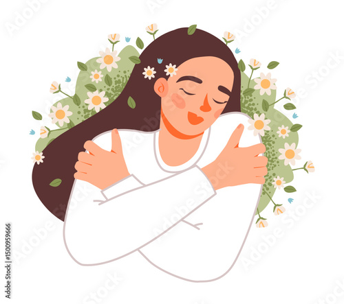 Flat vector illustration of a woman embracing herself with love and calm.
 A peaceful scene of wellness, selfcare, and inner balance in pastel tones.