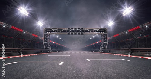 Empty pole position and racetrack finish line with steel gate and glowing floodlights illuminated sport stadium at night. Professional 4K video loop for racing sports advertising.