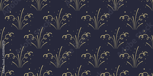 Golden fireworks with confetti on dark blue background. Festive salute print for new year, holiday, anniversary, birthday. Background with flashes and explosions, vector graphics