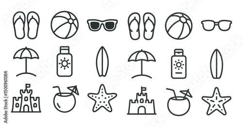 Summer beach line icons set – outline, vacation essentials, seaside symbols