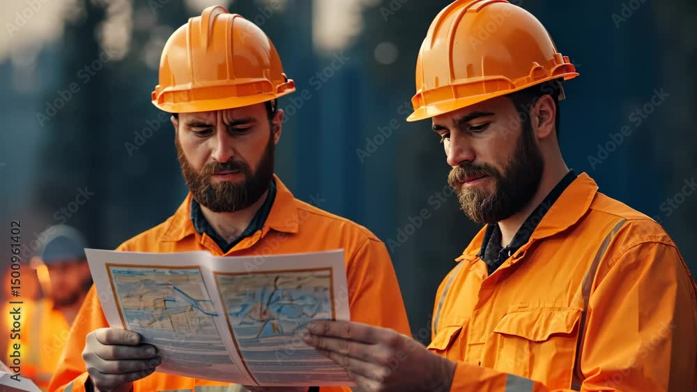 Two male construction workers in orange uniforms and helmets studying a ...