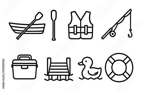 Outdoor adventure icons set featuring fishing, boating, and swimming gear