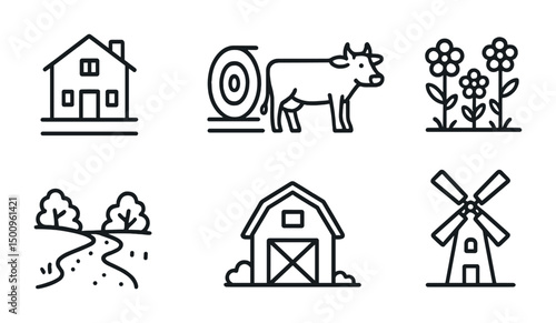 Rural icons set featuring farm life and agriculture elements for design