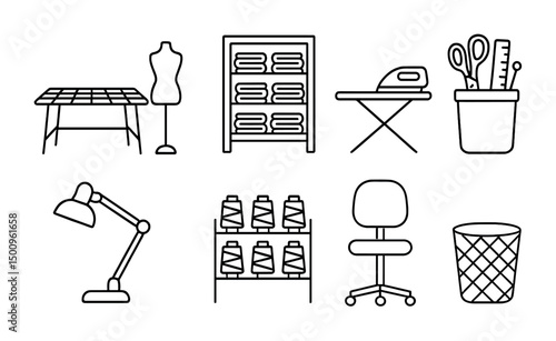 Sewing room essentials and tools collection for creative workshops
