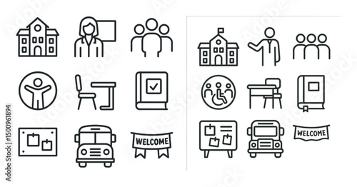 Education and school outline icons set – linear, line, learning and classroom symbols