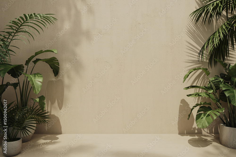 Fototapeta premium Minimalist beige interior with two potted plants and long window shadows in warm natural sunlight