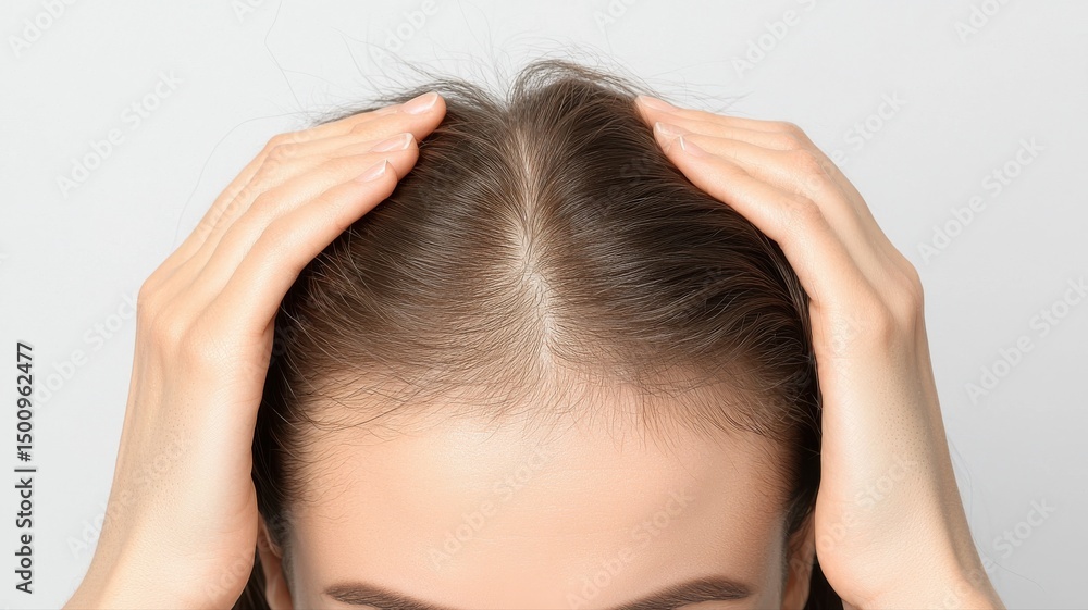 Woman Parting Hair Showing Scalp and Thinning Hair scalp woman parting hair loss thinning hair hand Woman Parting Hair Showing Scalp and Thinning Hair scalp woman parting hair loss thinning hair hand