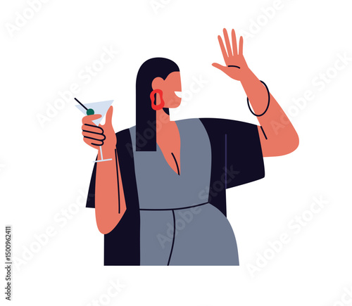 Woman with cocktail at evening party. Female holding martini glass, smiling and greeting with hand, hi gesture, celebrating with alcohol drink. Flat vector illustration isolated on white background