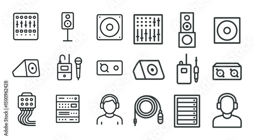 Audio and music equipment icons set – outline, linear, sound and recording symbols