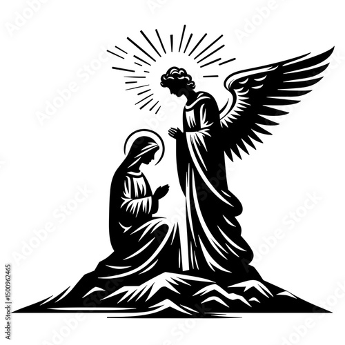 The Annunciation, Angel Gabriel and Mary, New Testament plot, black silhouette vector art on transparent background