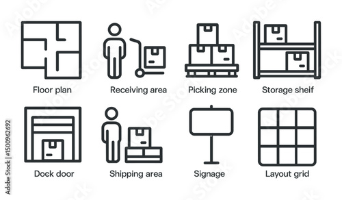 Warehouse layout and management icons for efficient logistics design