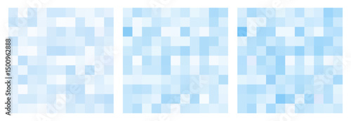 Y2k inspired set of light blue square pixelated seamless background. Abstract water block vector texture. Pixel style game pattern. Mosaic bg. Vector square backdrop for poster, cover, banner
