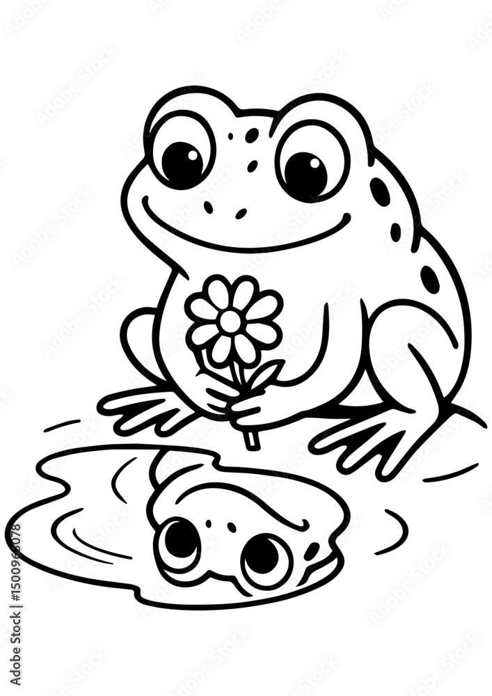 Cute frog with flower looking at reflection in puddle. Black and white vector for engraving, print, logo, and creative projects Cute frog with flower looking at reflection in puddle. Black and white vector for engraving, print, logo, and creative projects