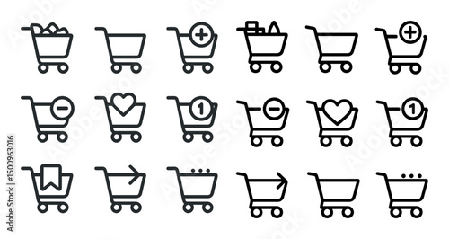 Shopping cart outline icons set – linear, retail, ecommerce symbols