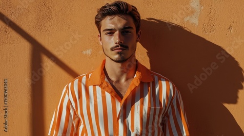 Wallpaper Mural A young man with curly hair stands against a vibrant orange background, wearing a short-sleeved, green and white striped shirt. Torontodigital.ca