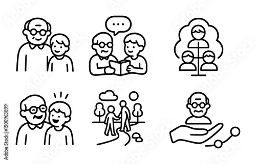 Heartwarming family moments and generational connections in simple line art design