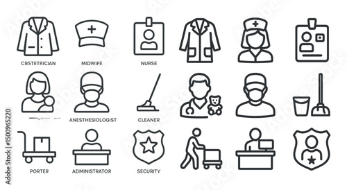 Healthcare professions outline icons set – medical, linear, hospital symbols