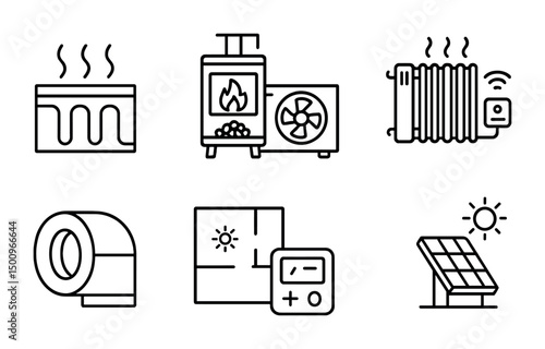 Energy solutions: heating systems and solar power line icons for design use