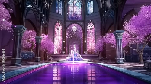Spectacular Gothic Interior with Reflective Pool and Blossoming Trees Scene