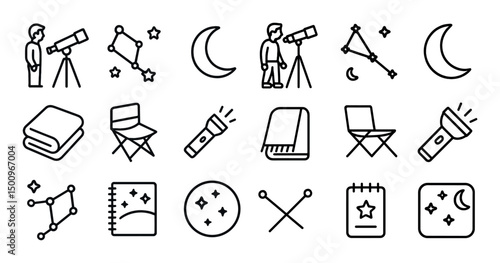 Astronomy and stargazing line icons set – outline, celestial, telescope symbols