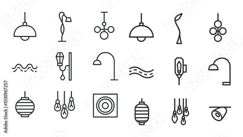 Lighting and lamp line icons set – outline, flat, illumination and decor symbols