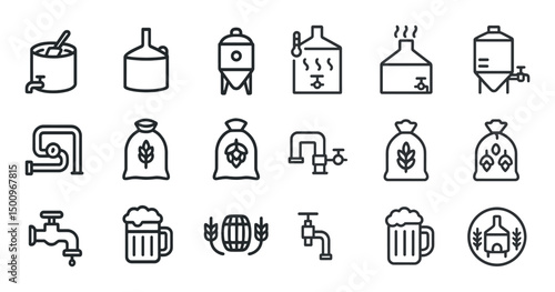 Beer brewing outline icons set – line, silhouette, craft beer and brewery symbols