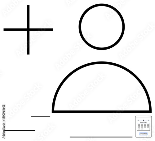 Abstract representation of a person with a plus sign for adding or creating profiles, minimal text lines, and a small digital form. Ideal for account registration, digital identity, social media