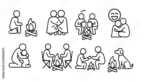 Cozy campfire scenes and friendship icons for social connection design