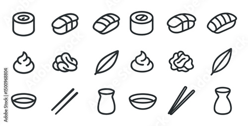 Japanese cuisine icons set in line style – sushi, chopsticks, soy sauce symbols