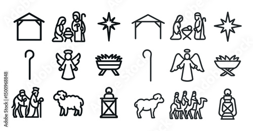 Nativity and christmas outline icons set – linear, religious, holiday symbols