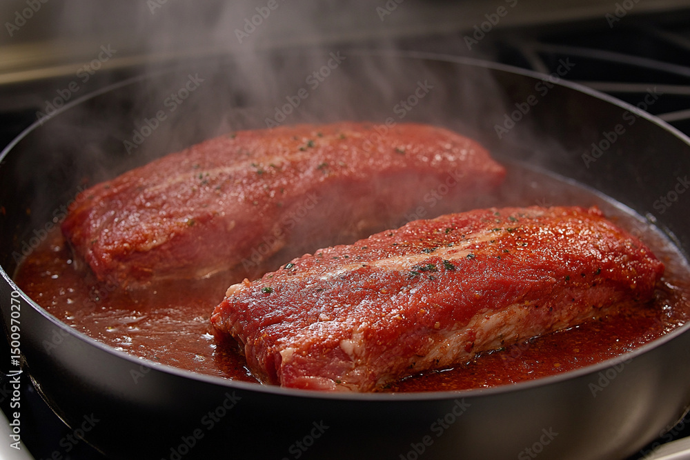 Slow cooking meat in a braising pan creates tender and flavorful dishes in a home kitchen Slow cooking meat in a braising pan creates tender and flavorful dishes in a home kitchen