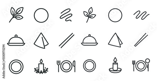 Dining and tableware outline icons set – flat, linear, kitchen and meal decor symbols
