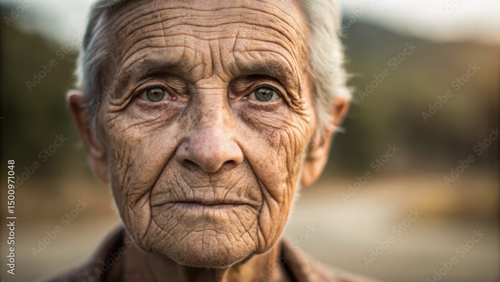 A close-up of an elderly person with deep wrinkles, showcasing a weathered face and expressive eyes, reflecting a lifetime of experiences. A close-up of an elderly person with deep wrinkles, showcasing a weathered face and expressive eyes, reflecting a lifetime of experiences.