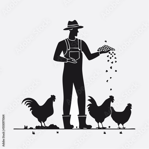 Poultry Farmer Feeding Chickens Silhouette — Flat 2D Minimalist Vector